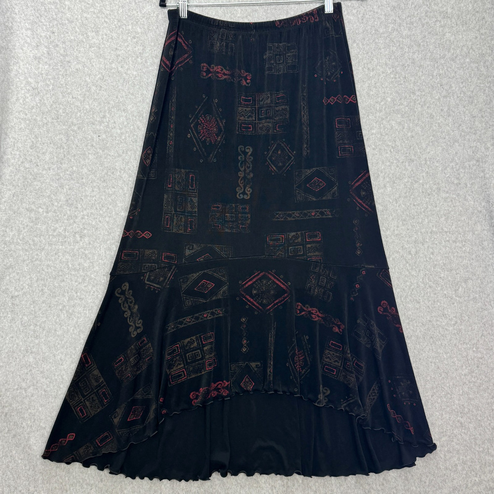 VTG Chico's Travelers Slinky Maxi Skirt Sz L Black Asian Oriental Inspired
